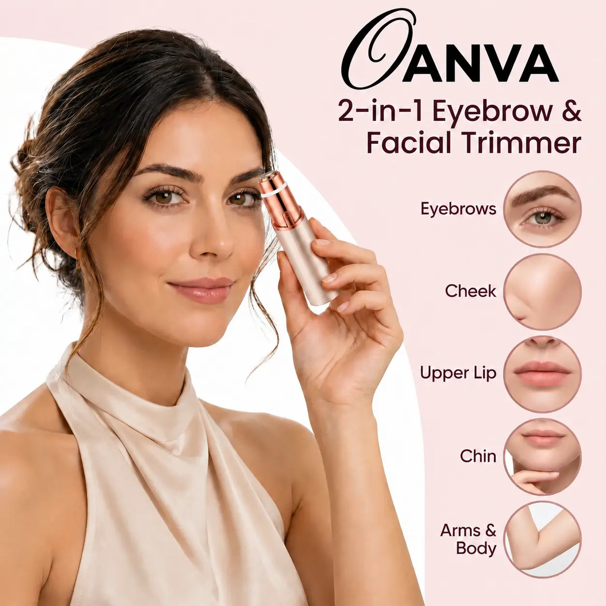 OANVA 2 in 1 Facial & Eyebrow Hair Trimmer for Women, Rechargeable Face Razor, Lip & Peach Fuzz Remover, Precision Eyebrow Shaper, Portable Painless Hair Removal Tool.