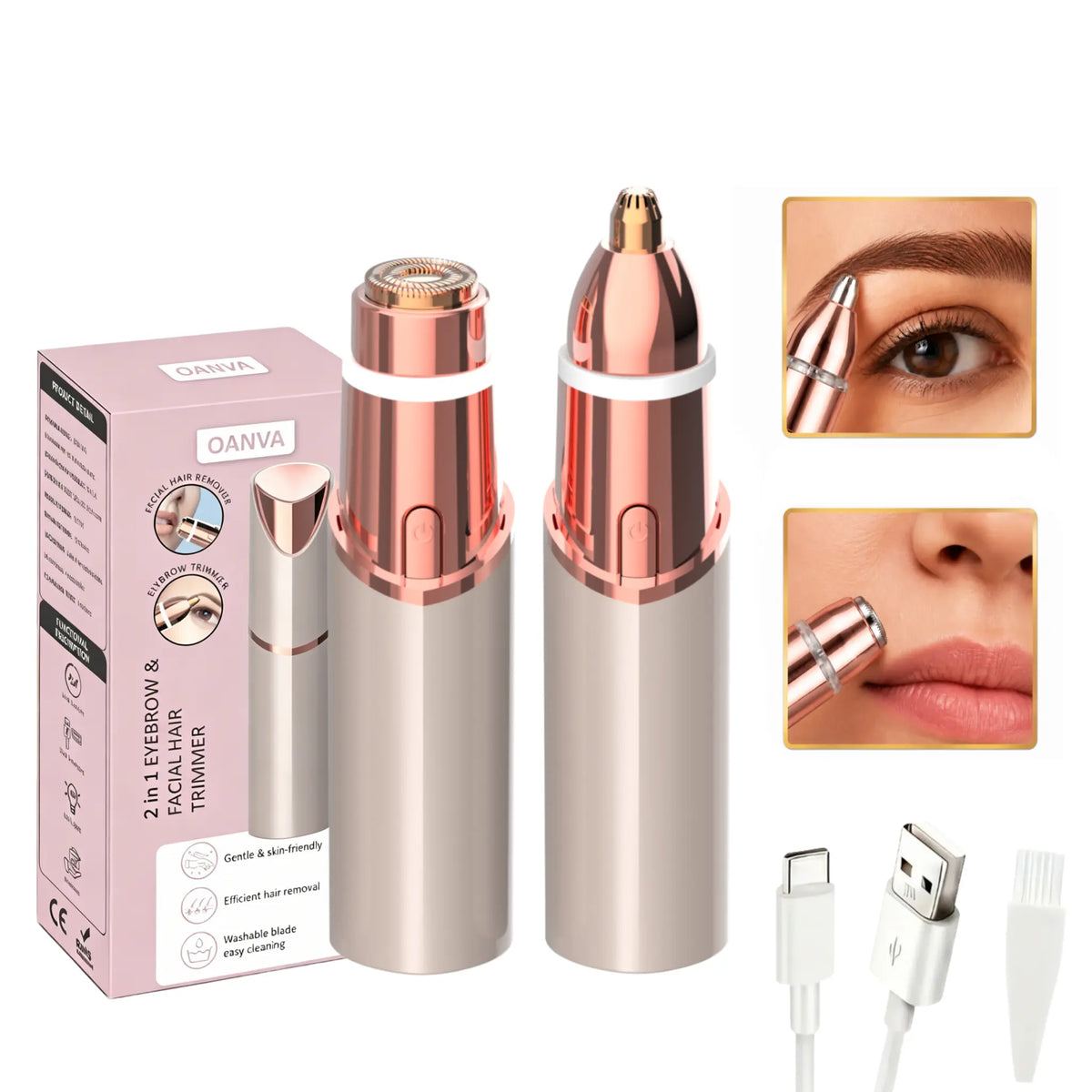 OANVA 2 in 1 Facial & Eyebrow Hair Trimmer for Women, Rechargeable Face Razor, Lip & Peach Fuzz Remover, Precision Eyebrow Shaper, Portable Painless Hair Removal Tool.