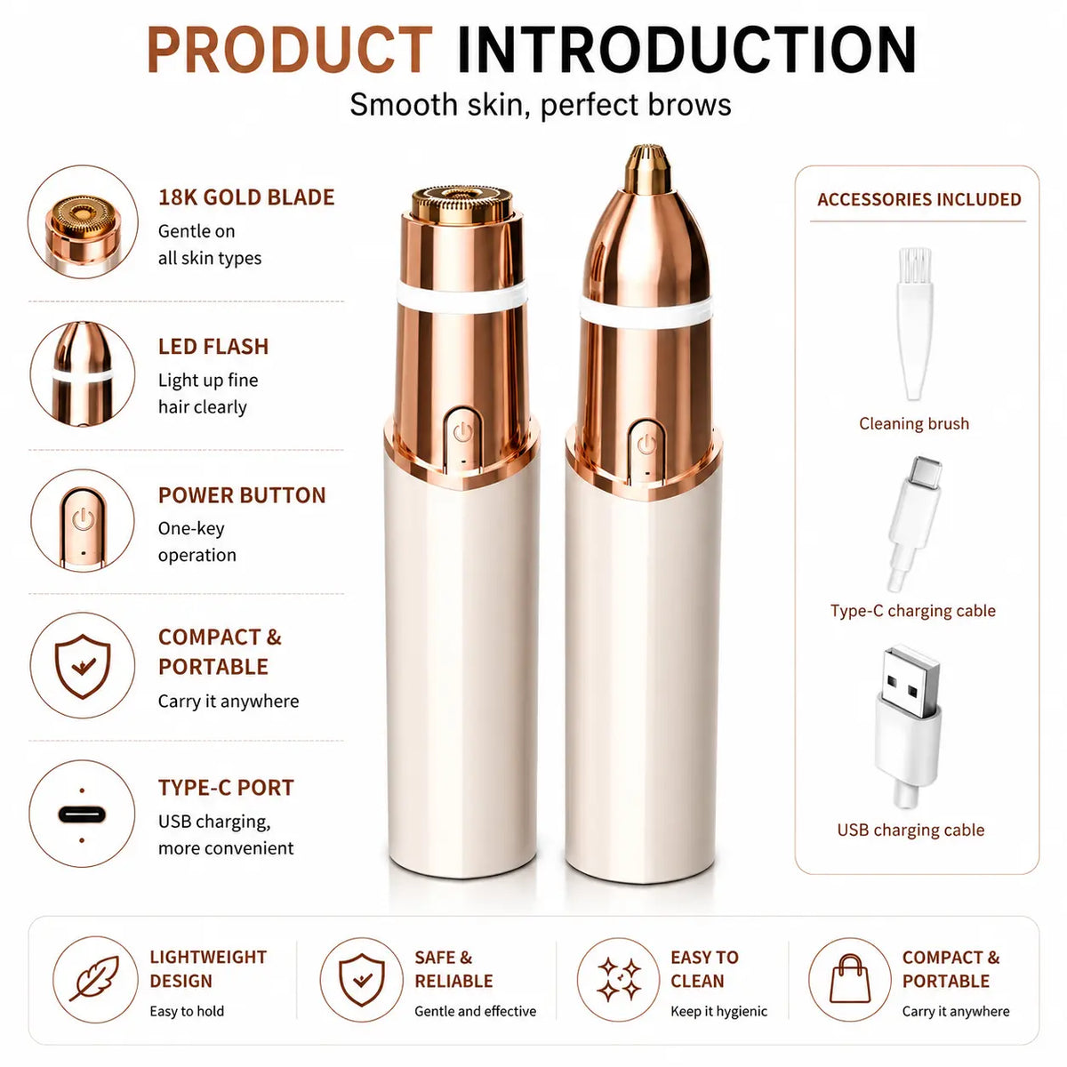 OANVA 2 in 1 Facial & Eyebrow Hair Trimmer for Women, Rechargeable Face Razor, Lip & Peach Fuzz Remover, Precision Eyebrow Shaper, Portable Painless Hair Removal Tool.