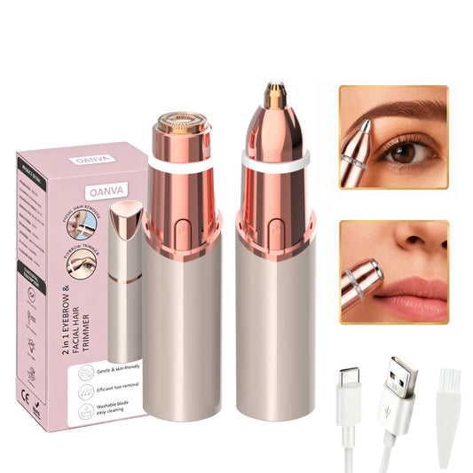 OANVA 2 in 1 Facial & Eyebrow Hair Trimmer for Women, Rechargeable Face Razor, Lip & Peach Fuzz Remover, Precision Eyebrow Shaper, Portable Painless Hair Removal Tool.