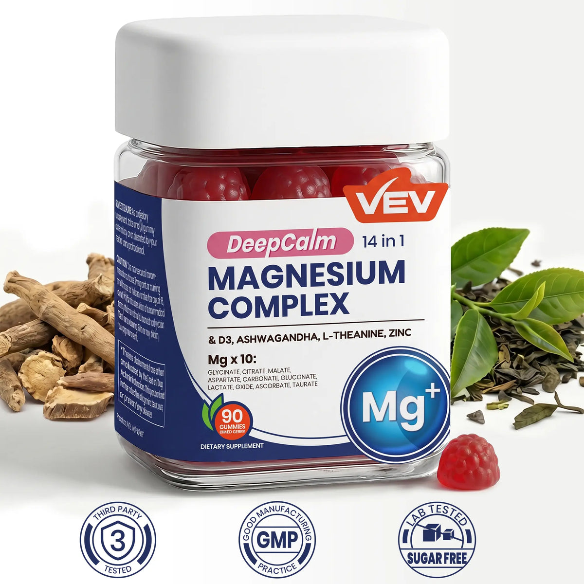 VEV Deepcalm 14-In-1 Dietary Magnesium Supplement Gummies, with Ashwagandha, L-Theanine, D3, Zinc & Supports Calming Blended Vitamins and Minerals, Chewable Dietary Supplement, 90-Count