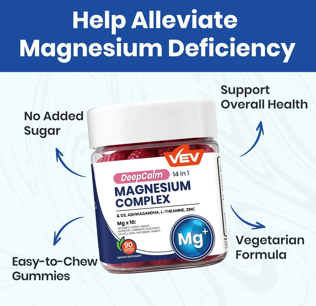 VEV Deepcalm 14-In-1 Dietary Magnesium Supplement Gummies, with Ashwagandha, L-Theanine, D3, Zinc & Supports Calming Blended Vitamins and Minerals, Chewable Dietary Supplement, 90-Count