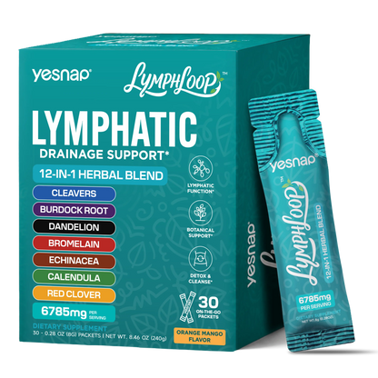 YESNAP Lymphatic Drainage Support – 12-In-1 Herbal Blend with Cleavers, Burdock Root, Dandelion & Echinacea, Debloat & Detox Drink, Sugar Free, Orange Mango, 30 Stick Packs