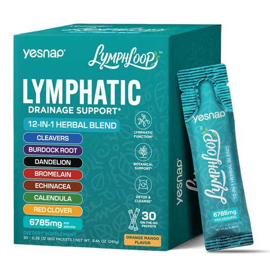 YESNAP Lymphatic Drainage Support – 12-In-1 Herbal Blend with Cleavers, Burdock Root, Dandelion & Echinacea, Debloat & Detox Drink, Sugar Free, Orange Mango, 30 Stick Packs