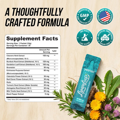 YESNAP Lymphatic Drainage Support – 12-In-1 Herbal Blend with Cleavers, Burdock Root, Dandelion & Echinacea, Debloat & Detox Drink, Sugar Free, Orange Mango, 30 Stick Packs