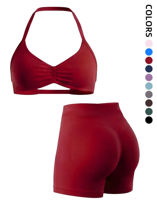 2-Piece Seamless Sports Bra Set with Pads, High-Waisted Peach Butt Running Yoga Shorts, Sleeveless Sporty Suit for Women, Activewear Workout Set, Seamless Gym Outfits, Fitness Yoga Set, Exercise Clothing Set