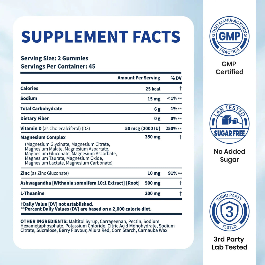 VEV Deepcalm 14-In-1 Dietary Magnesium Supplement Gummies, with Ashwagandha, L-Theanine, D3, Zinc & Supports Calming Blended Vitamins and Minerals, Chewable Dietary Supplement, 90-Count